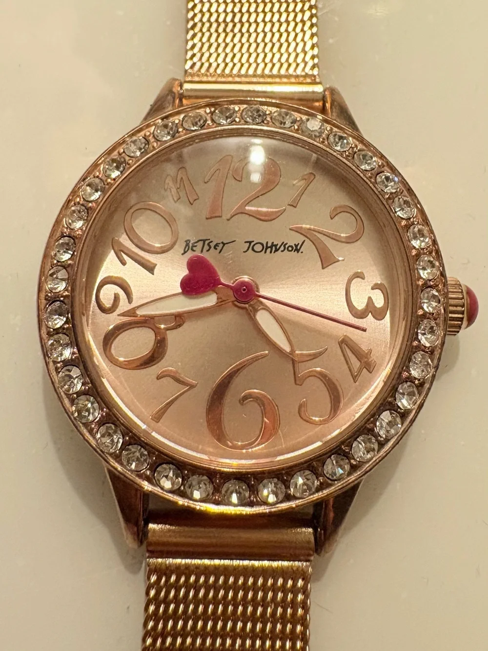 Betsey Johnson Rose Gold Crystal Bezel Watch with Pink Heart Accent